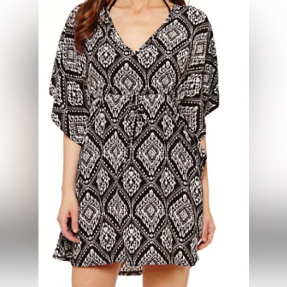 Wearabouts Black & White Geometric Woman’s Bathing Suit Cover Up, Tie Waist - Picture 1 of 9
